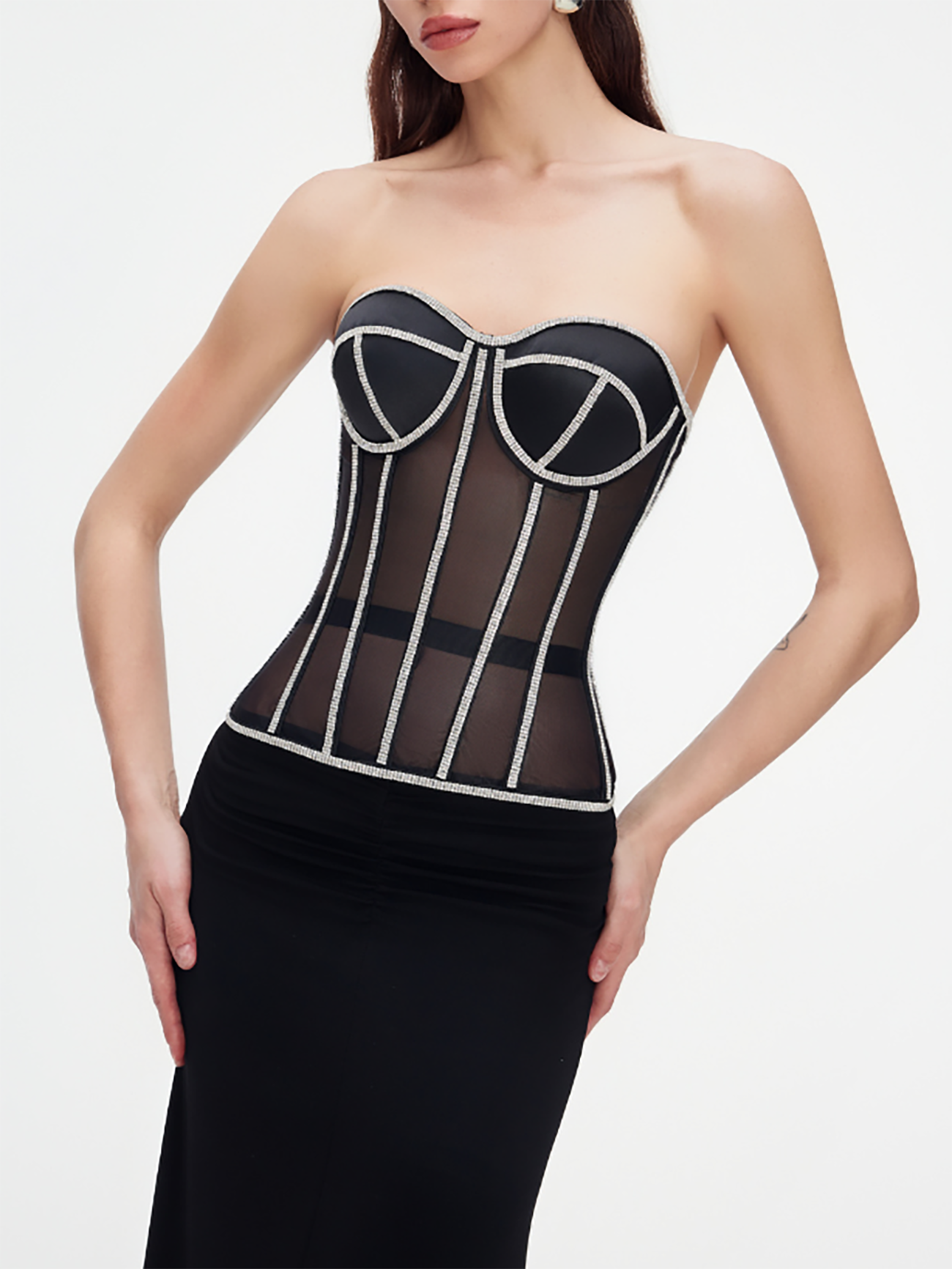 Paisley Rhinestone Satin Corset In Black