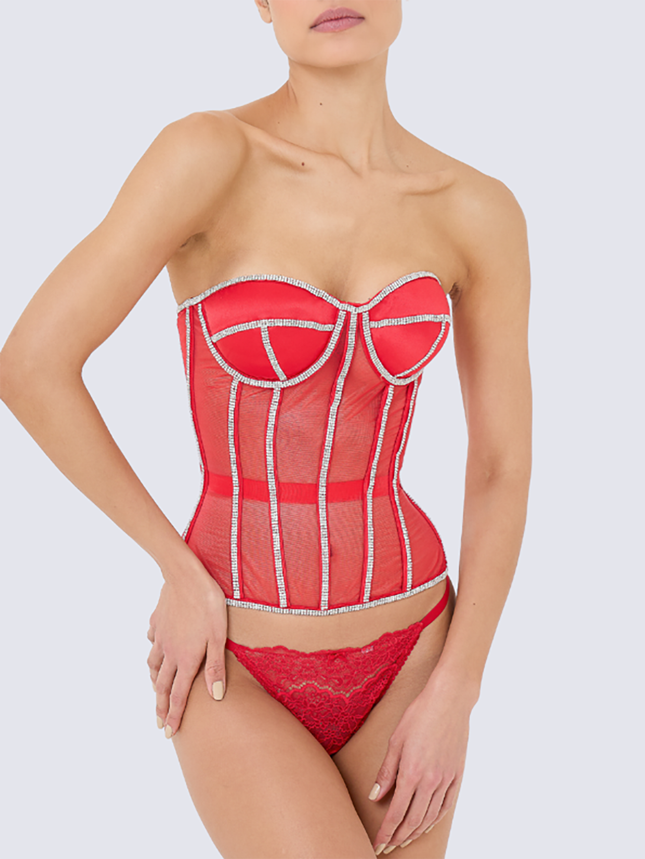 Paisley Rhinestone Satin Corset In Red