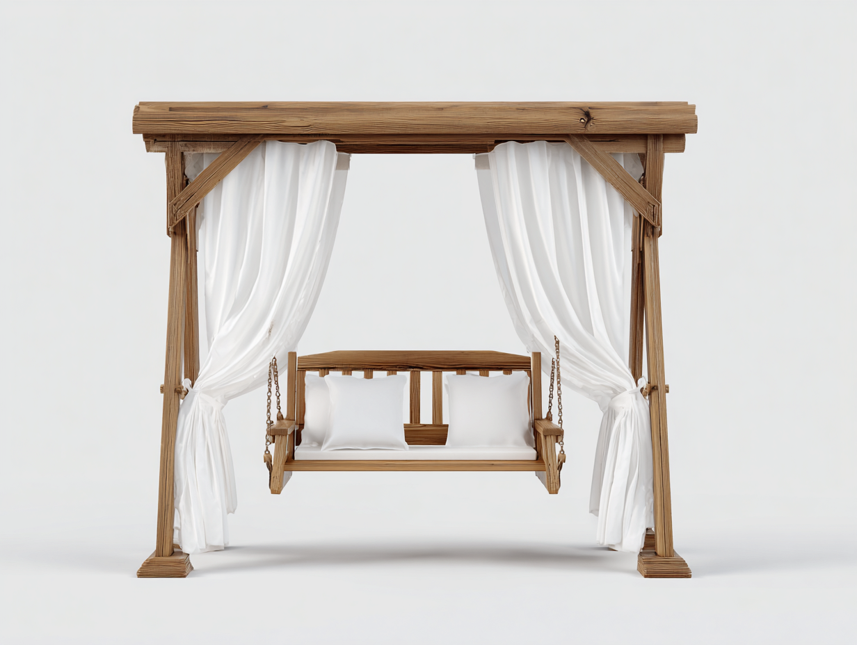 Silla colgante de jardín con estructura de madera maciza 200x120x210 cm - marrón-blanco - diseño pergola para exterior-Cottagohut