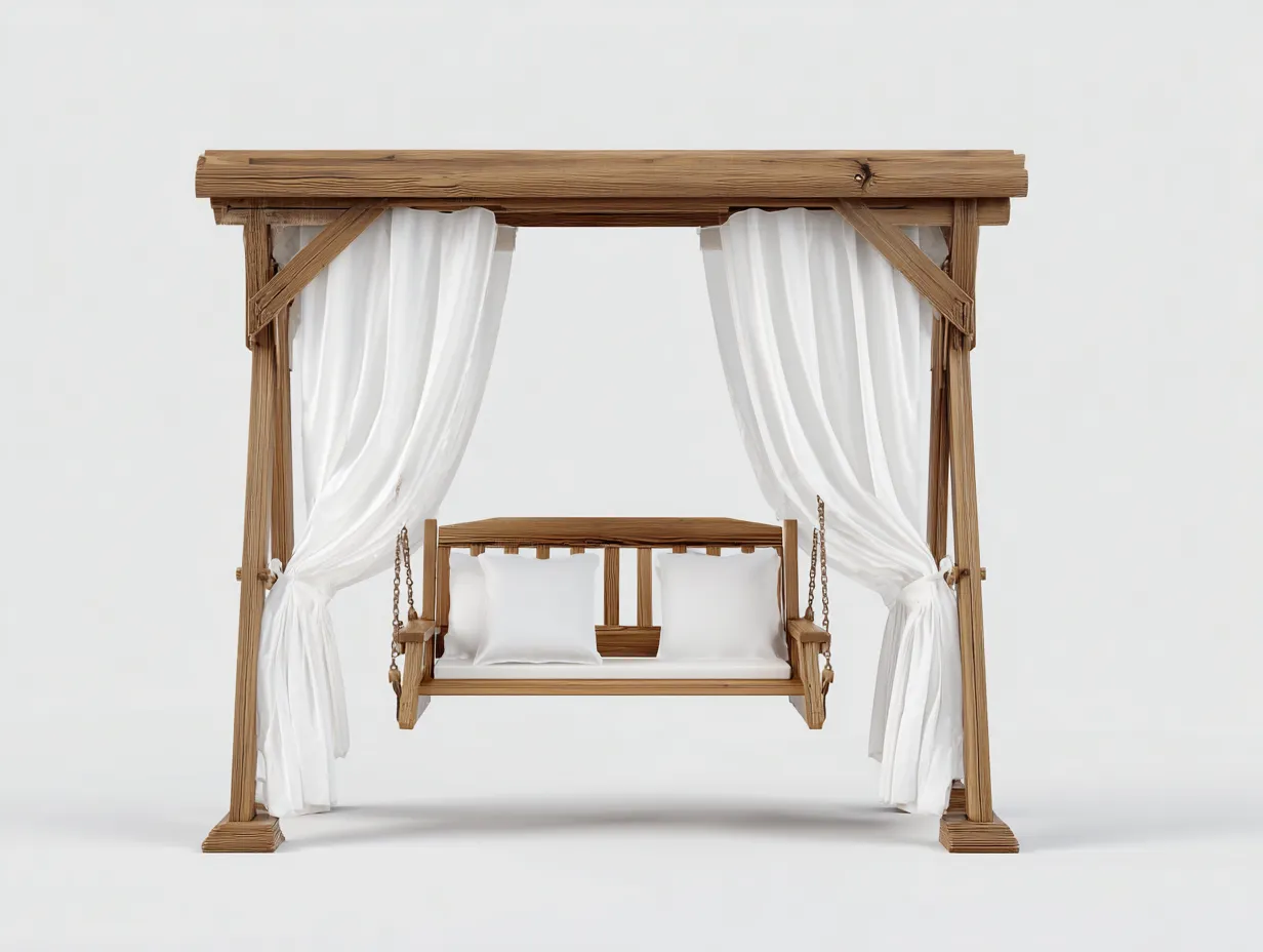 Silla colgante de jardín con estructura de madera maciza 200x120x210 cm - marrón-blanco - diseño pergola para exterior-Cottagohut