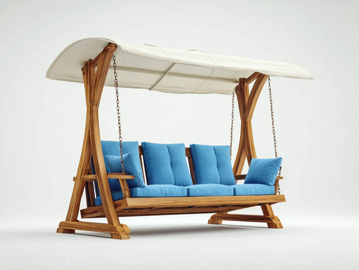 Silla colgante de jardín con soporte de madera y toldo 210x135x175 cm natural-azul para jardín y terraza - diseño clásico-Cottagohut