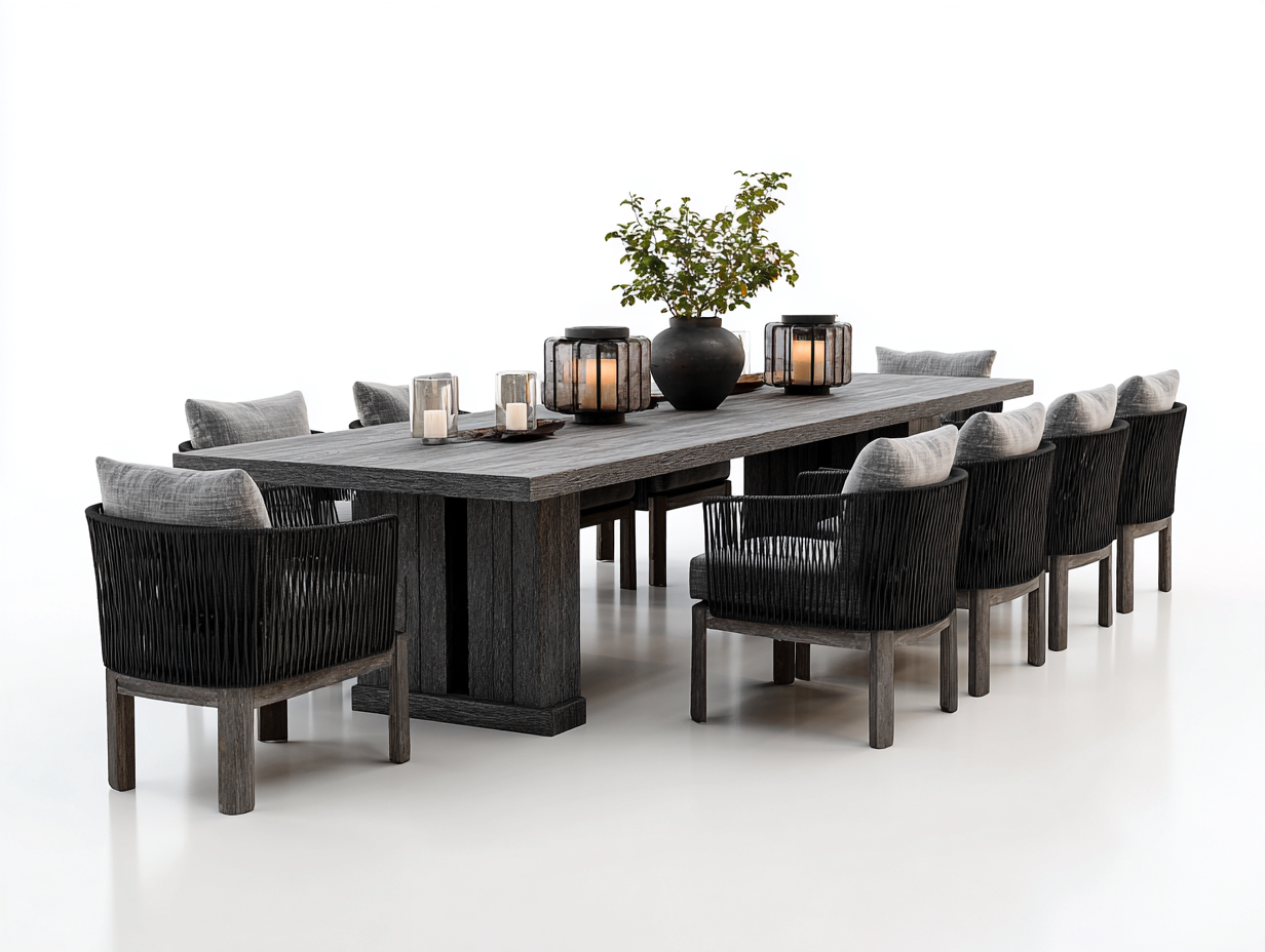Conjuntos de comedor de jardín madera maciza y cuerda 220x100x75 cm - negro-gris - diseño moderno para terraza y patio-Cottagohut