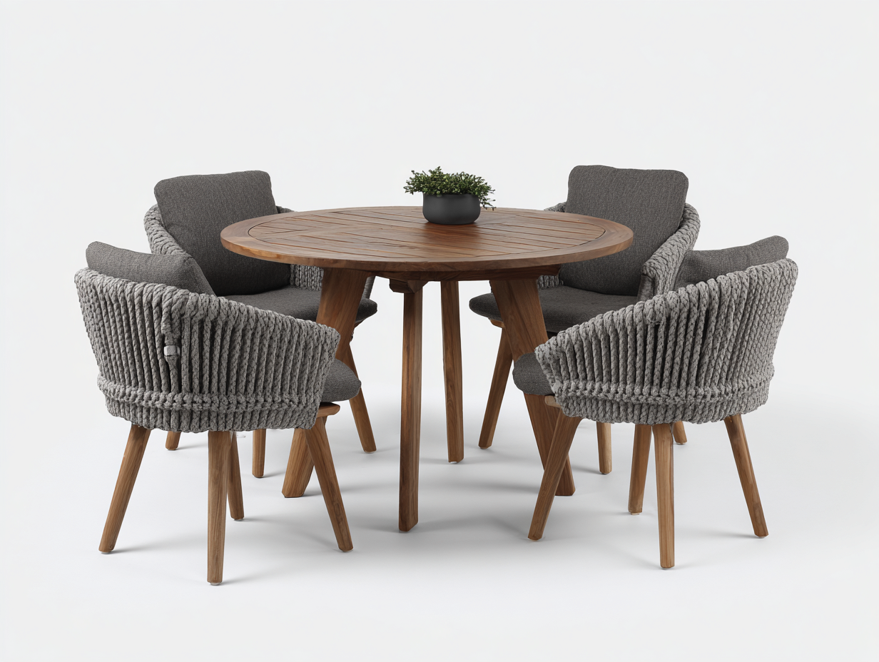 Conjuntos de comedor de jardín de madera maciza y cuerda trenzada 120x120x75 cm color gris para jardín y terraza - diseño moderno-Cottagohut