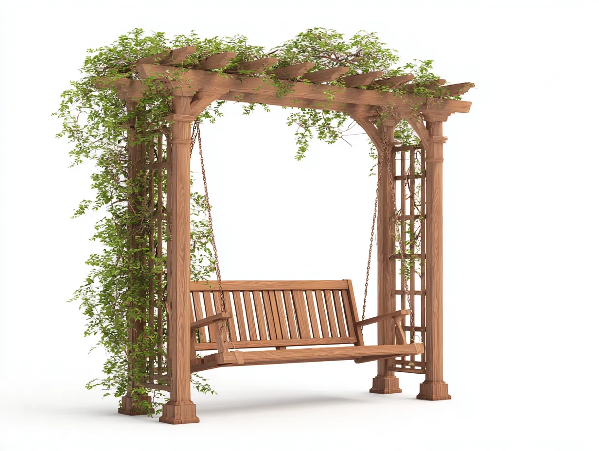 Silla colgante de jardín madera maciza con pergola 210x150x200 cm - marron - estilo rustico para terraza y patio-Cottagohut