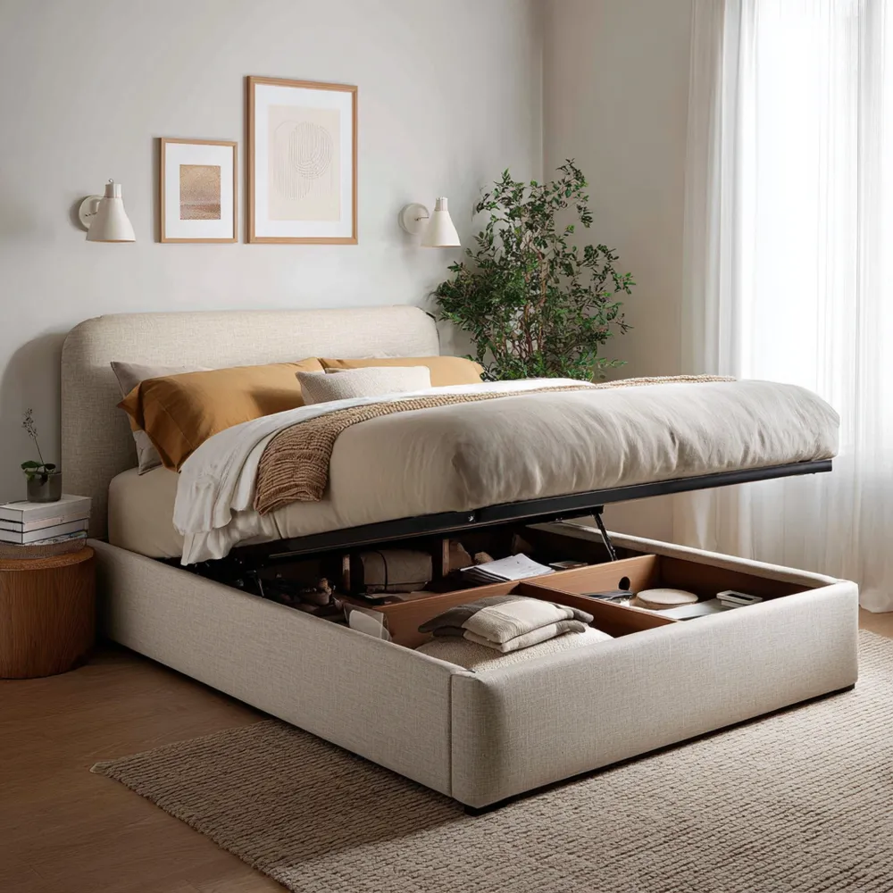 Polsterbett mit Bettkasten aus Leinenstoff 200x160 cm - Beige