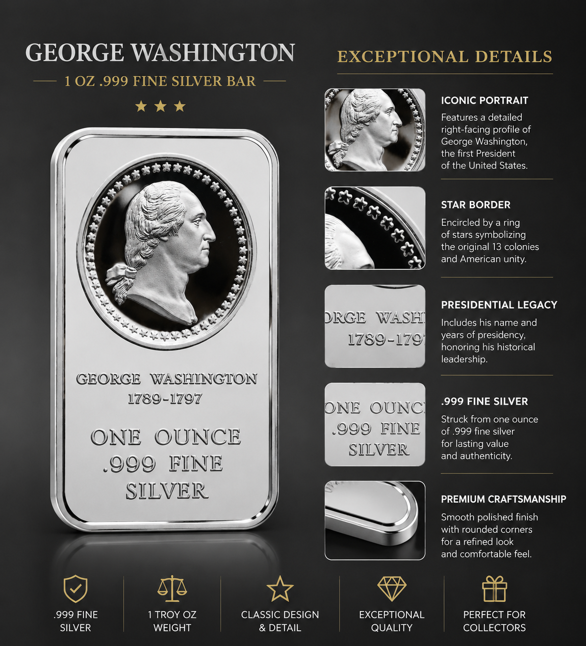 One Ounce Silver Art Bar - Presidential Cameos - 1789-1797 George Washington