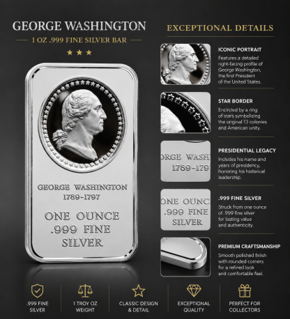 One Ounce Silver Art Bar - Presidential Cameos - 1789-1797 George Washington
