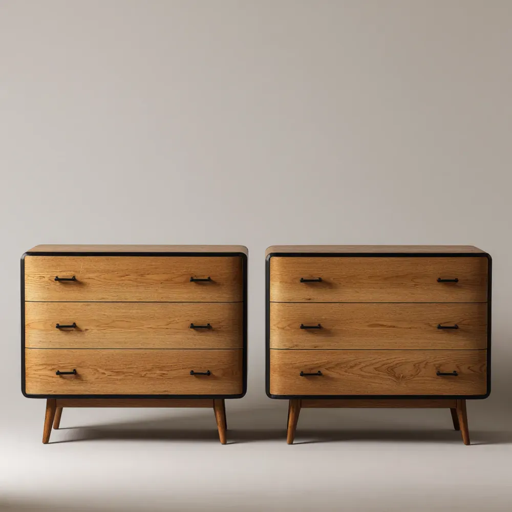 Kommode Holz 3 Schubladen – Eichenholz und Metallgriffe, 2er Set