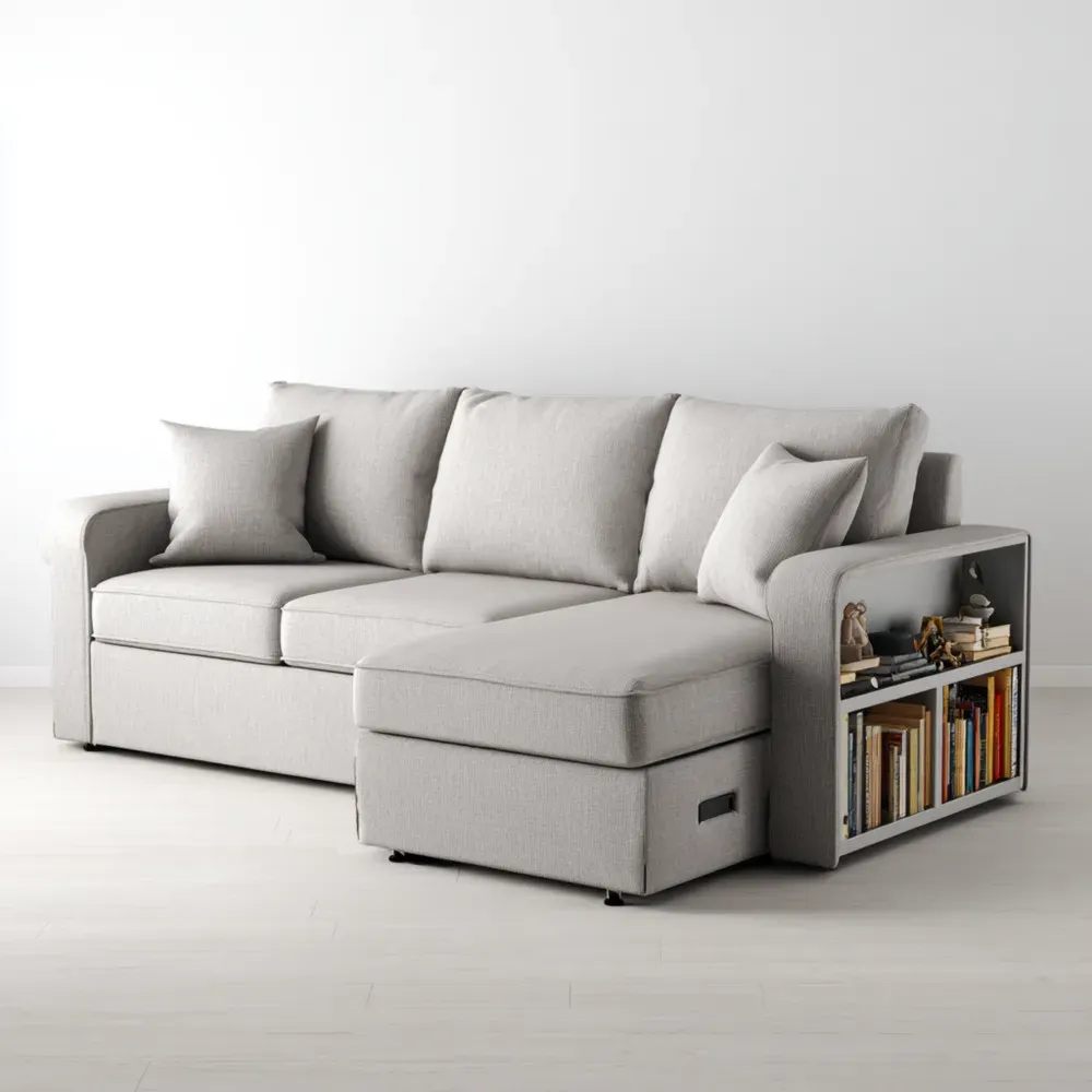 Ecksofa mit Stoffpolsterung und integriertem Regal - Hellgrau