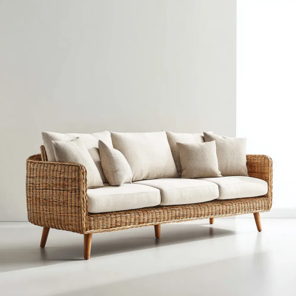 Rattansofa Naturfaser - 210x85x75 cm - Cremeweiß