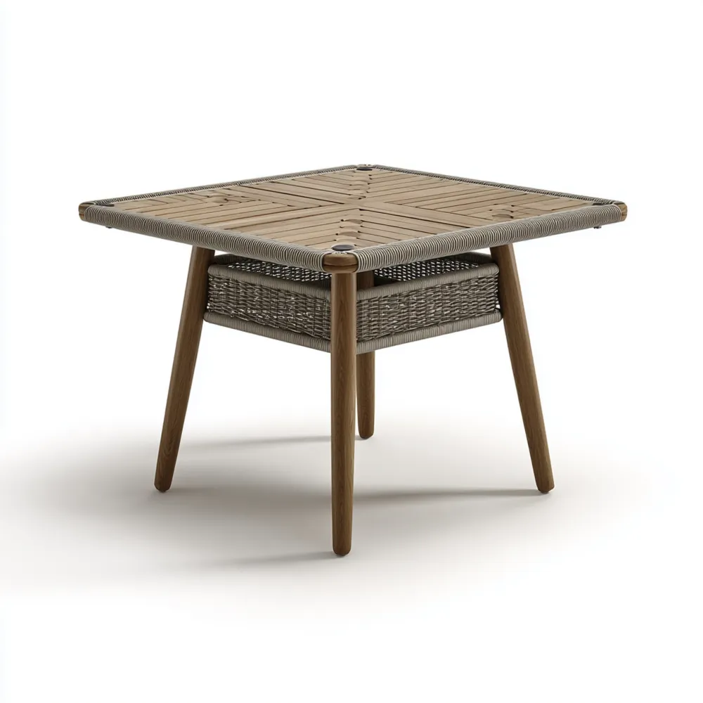 Gartentisch aus Teakholz und Polyrattan, 80x80x45 cm – Natur