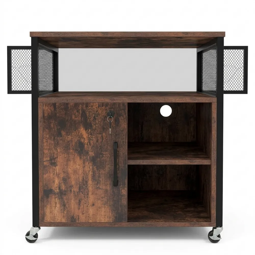 Mobiler Aktenschrank mit Ladestation und Schließsystem, verstellbare Ablagen, Büroschrank für Dokumente, Braun