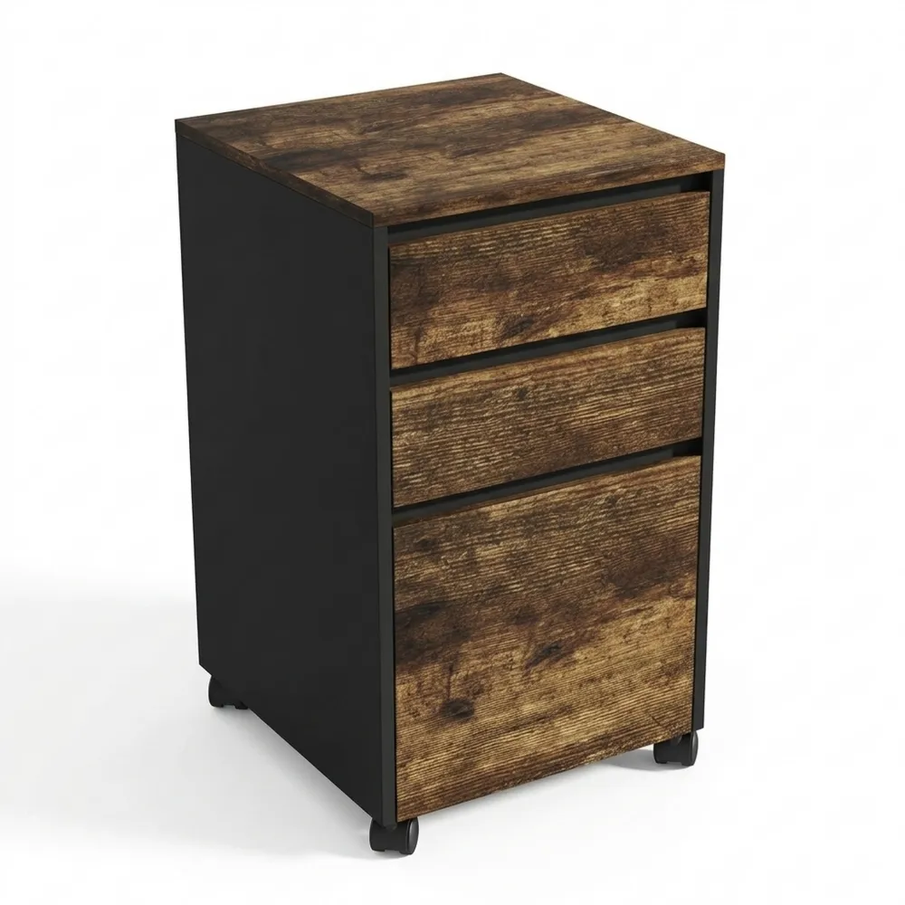 Rollcontainer mit Hängeregister und 3 Schubladen, Schwarz/Braun, 70x40x40 cm