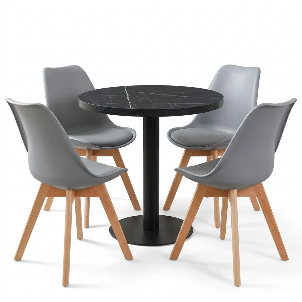 Runder Esstisch mit Marmortischplatte und Metallbeinen, 80x80 cm, Schwarz