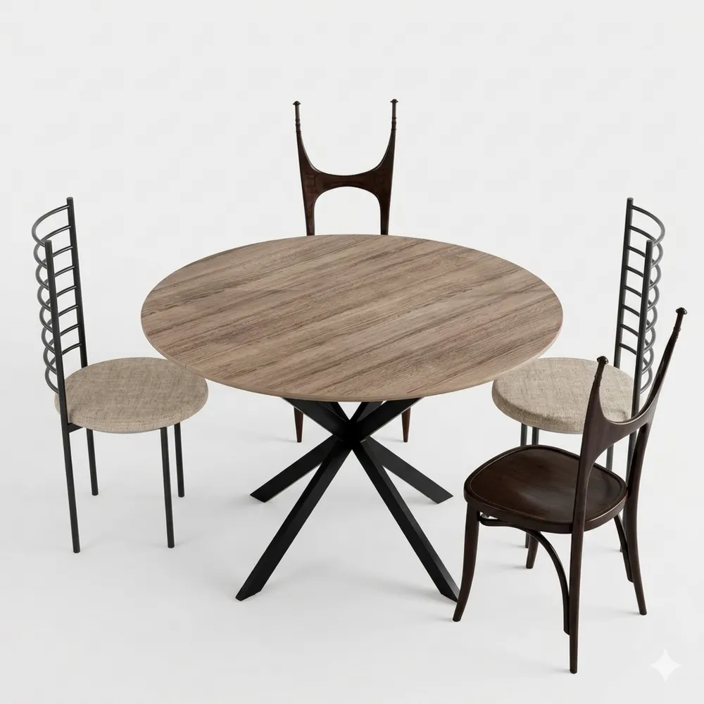 Runder Holztisch mit Metallbeinen, 120cm, Walnuss-Finish