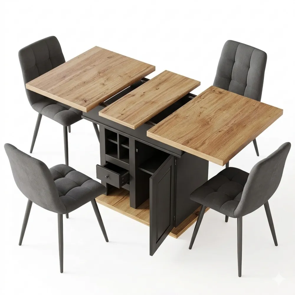 Ausziehbarer Esstisch mit Weinregal und Schubladen für 4-6 Personen