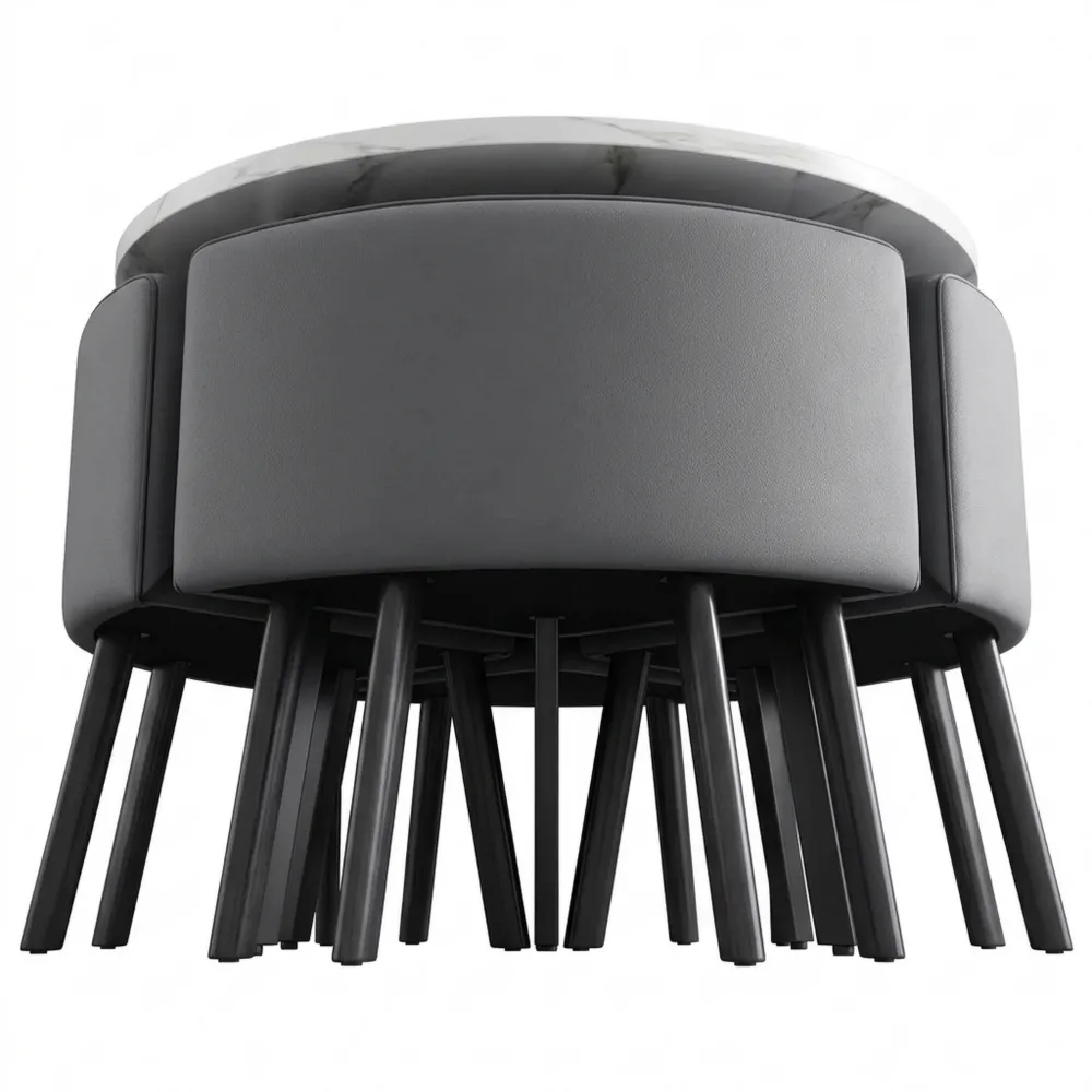 Runder Esstisch mit 4 Kunstlederstühlen, platzsparend für verschiedene Räume, Weiß + Grau