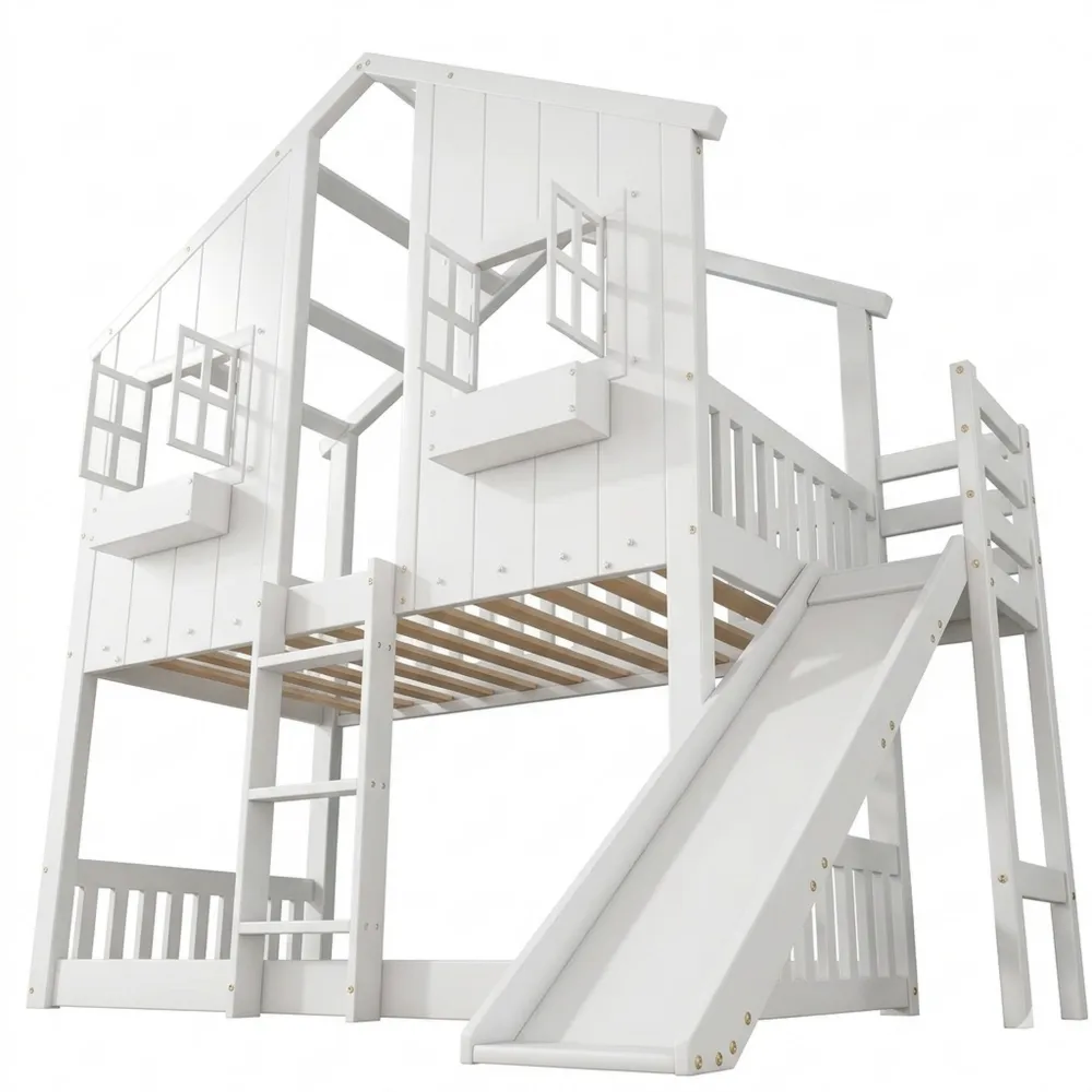 Hochbett für Kinder 90x200 cm mit Rutsche und Dach