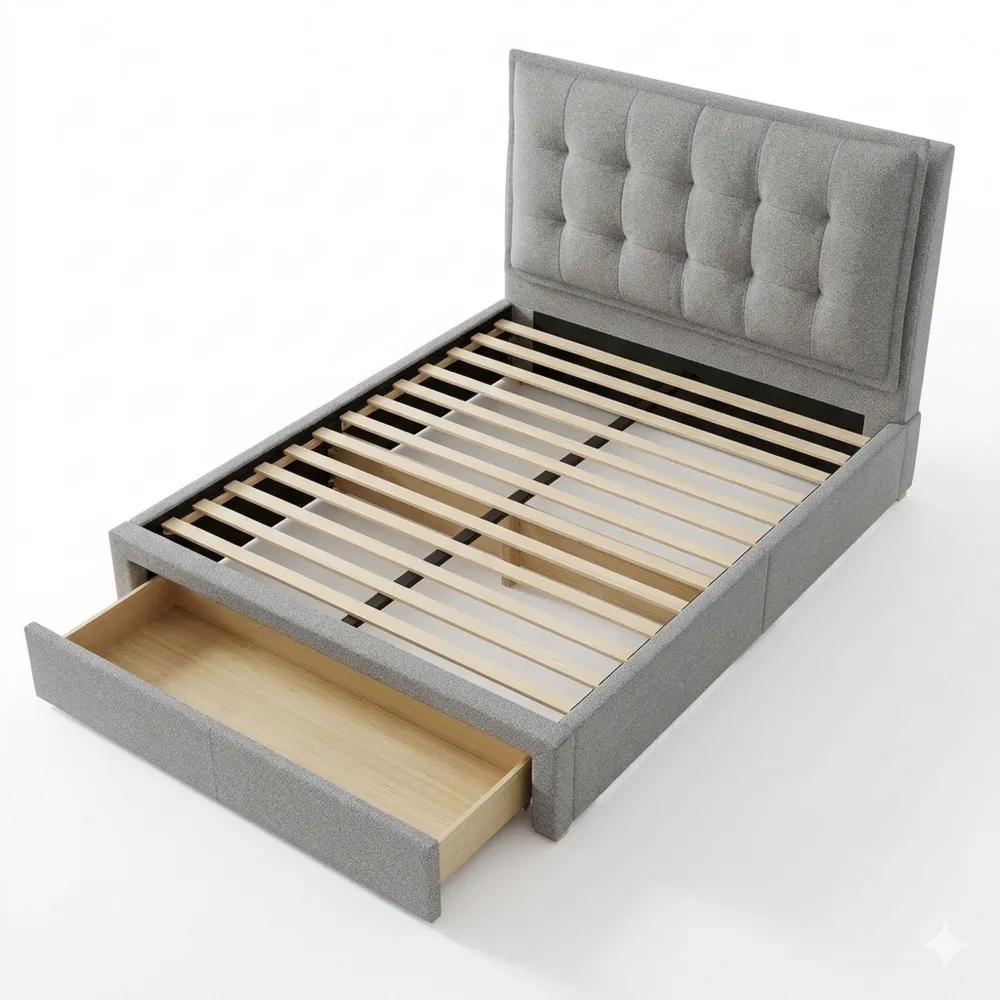 Kinderbett 90x200cm mit Stauraum und Fußschubladen, gepolstertes Kopfteil, Lattenrost inklusive, Chenille, Grau