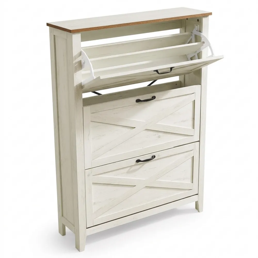 Schuhschrank mit 3 Klappen im Landhausstil, freistehendes Regal für 18-24 Paar Schuhe, vintageweiß