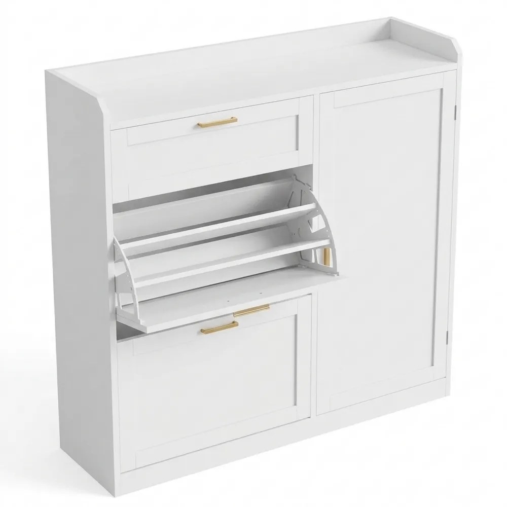 Schmaler Schuhschrank mit verstellbarer Trennwand, für 12-15 Paar, 2 Klappen, 1 Schublade, Flur-Eingangsbereich, Weiß