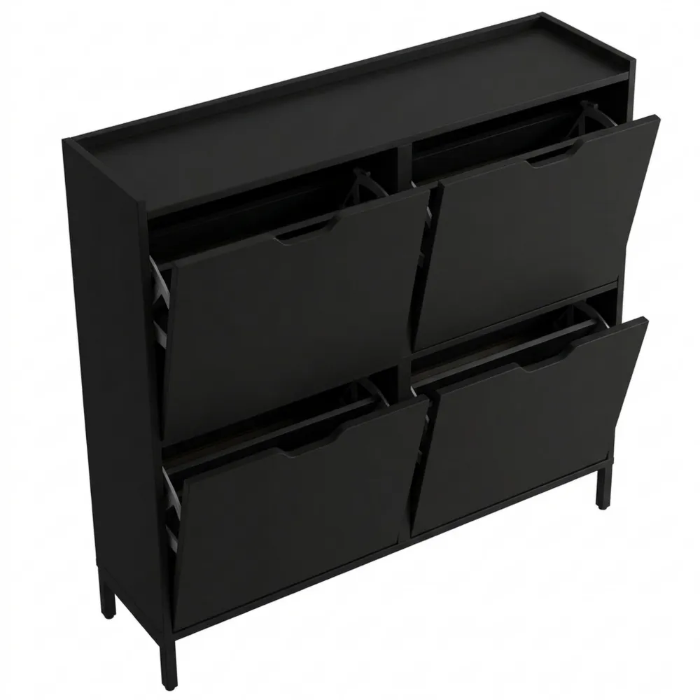 Schuhschrank mit 4 Klappen, schwarz, platzsparend, 100x19x90cm