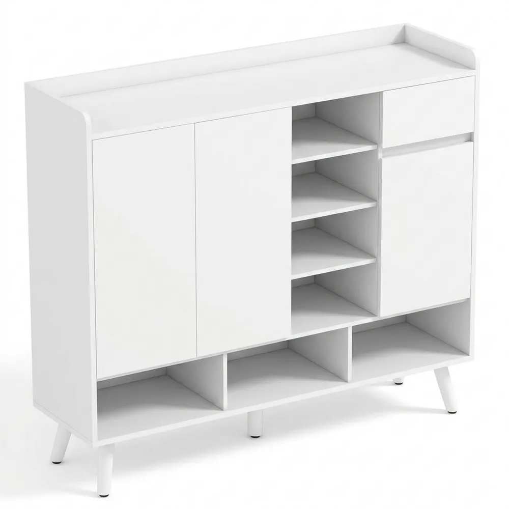 Moderner Schuhschrank mit verstellbaren Ablagen, Holzbeine, Druck-Öffnungsmechanismus, Weiß, 120 x 35 x 100 cm
