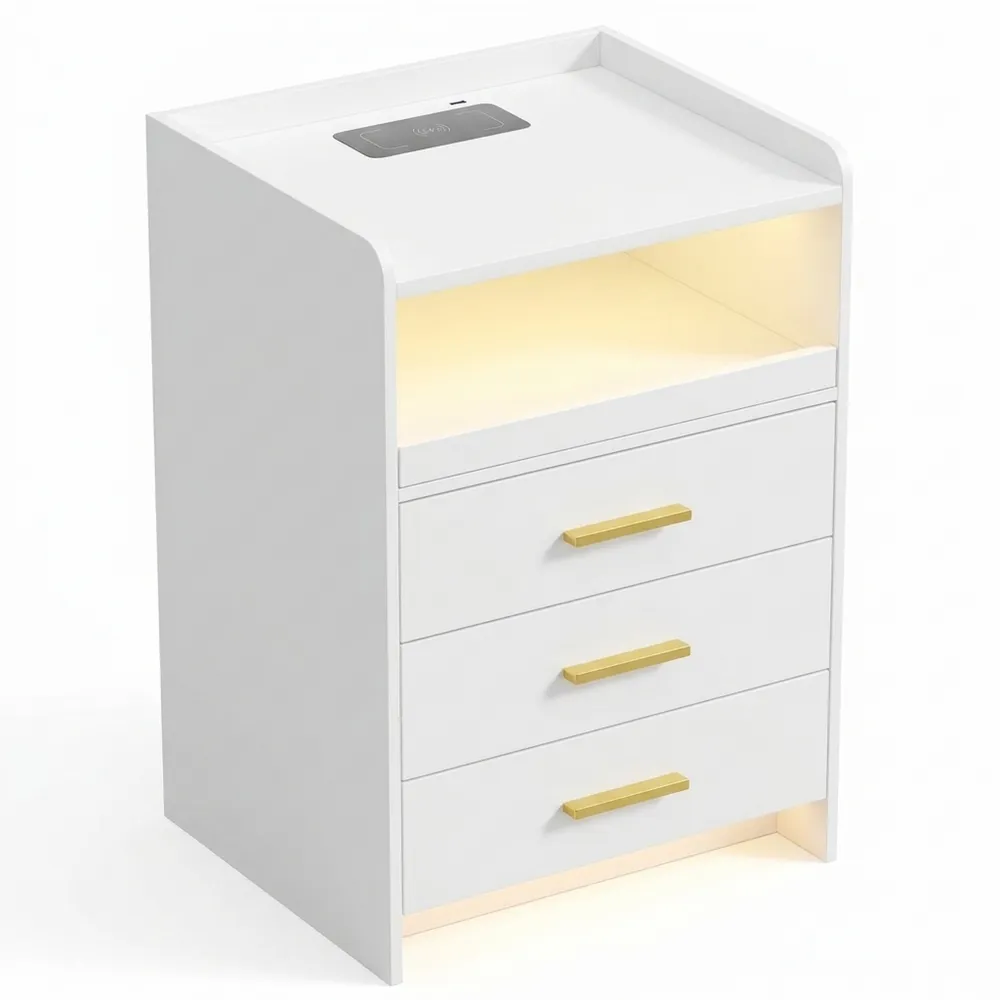 Moderner Nachttisch mit Ladefunktion und 3 Schubladen für verschiedene Räume