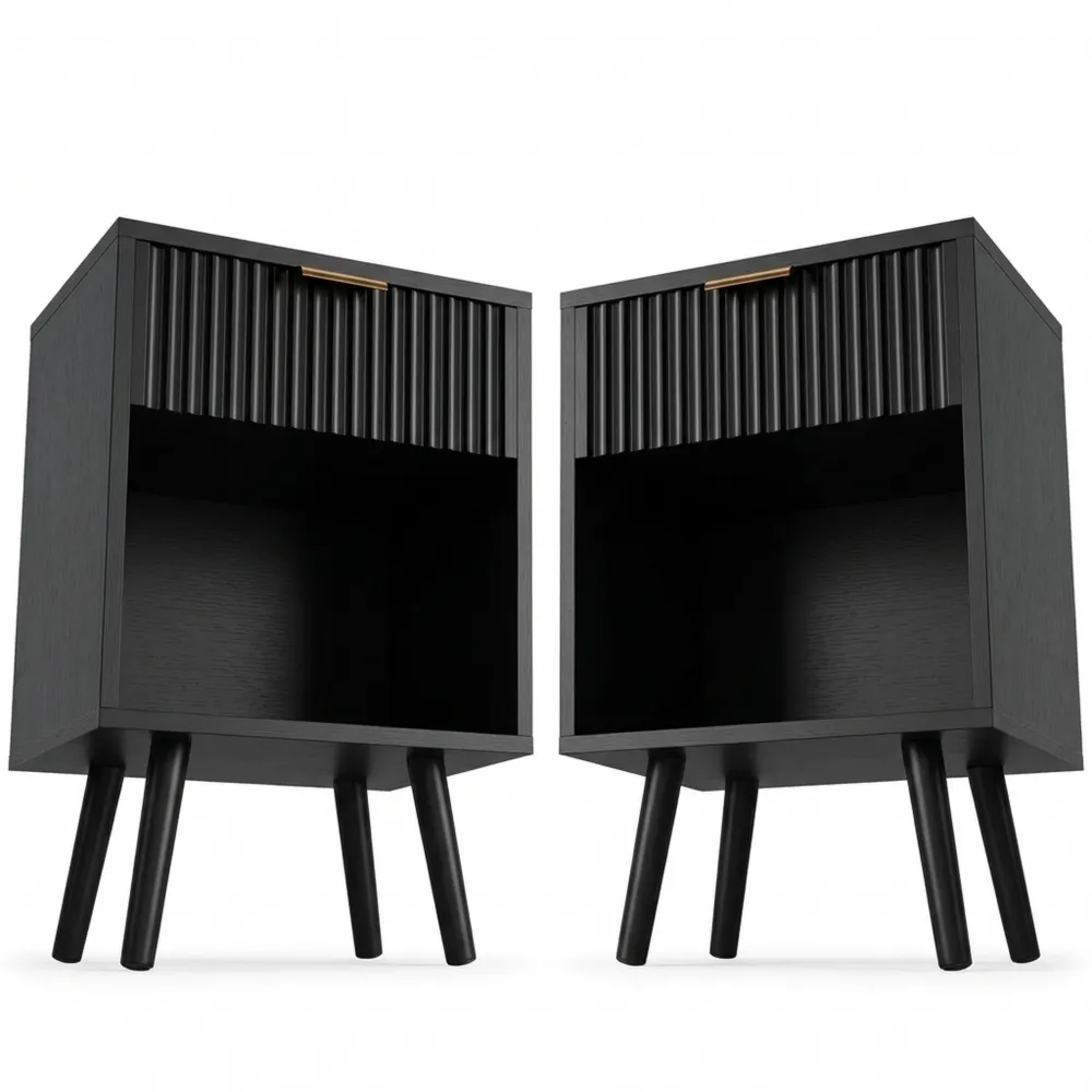 Moderner Nachttisch mit Stauraum und Schubladen, geriffelte Fronten, goldener Griff, Massivholzbeine, Schwarz, 2er Set