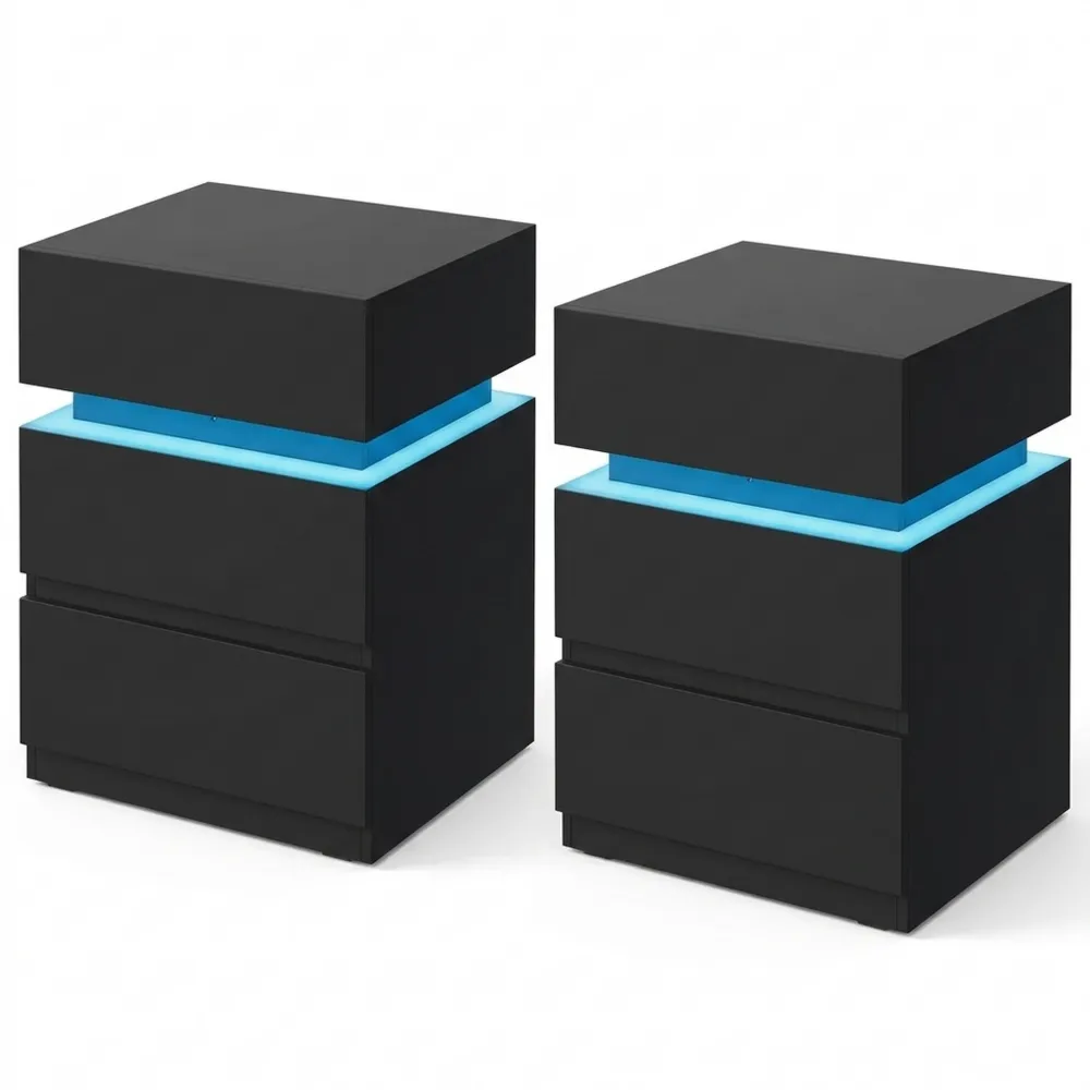 Nachttisch Set mit LED und Steckdose, Schwarz, 2 Schubladen, 1 Fach, 40x35x55 cm, modern