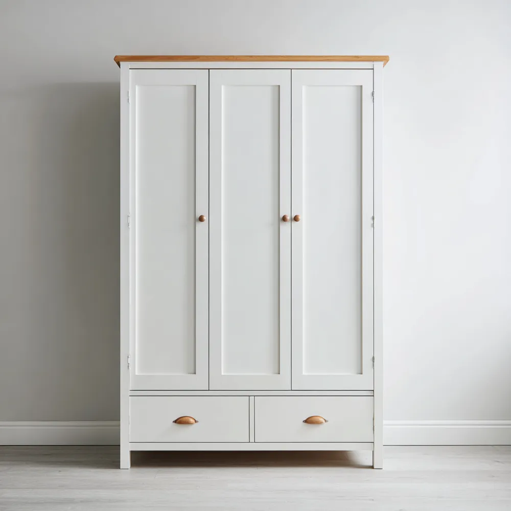 Holz Kleiderschrank mit 3 Türen und 2 Schubladen – Weiß/Natur 180x120x50 cm
