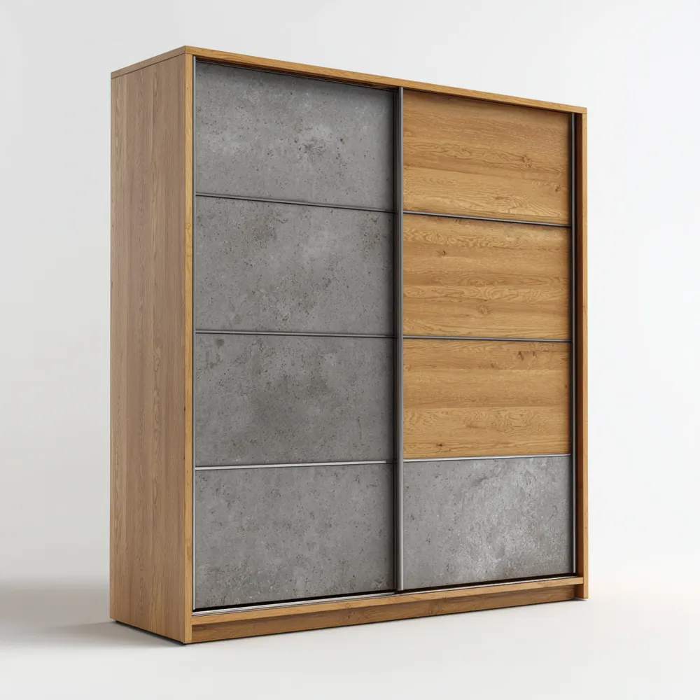 Kleiderschrank aus Eiche und Betonoptik mit Schiebetüren