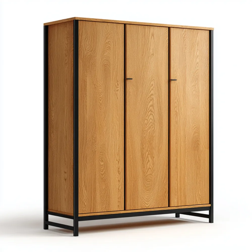 Eichenholz Kleiderschrank 3-türig in Eiche/Schwarz mit Metallrahmen