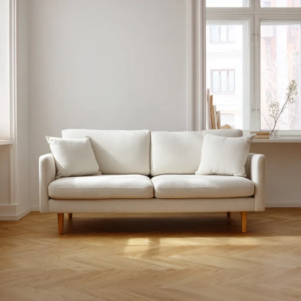 Dreisitzer Sofa aus Baumwollmischgewebe mit Eichenholzbeinen - Cremeweiß