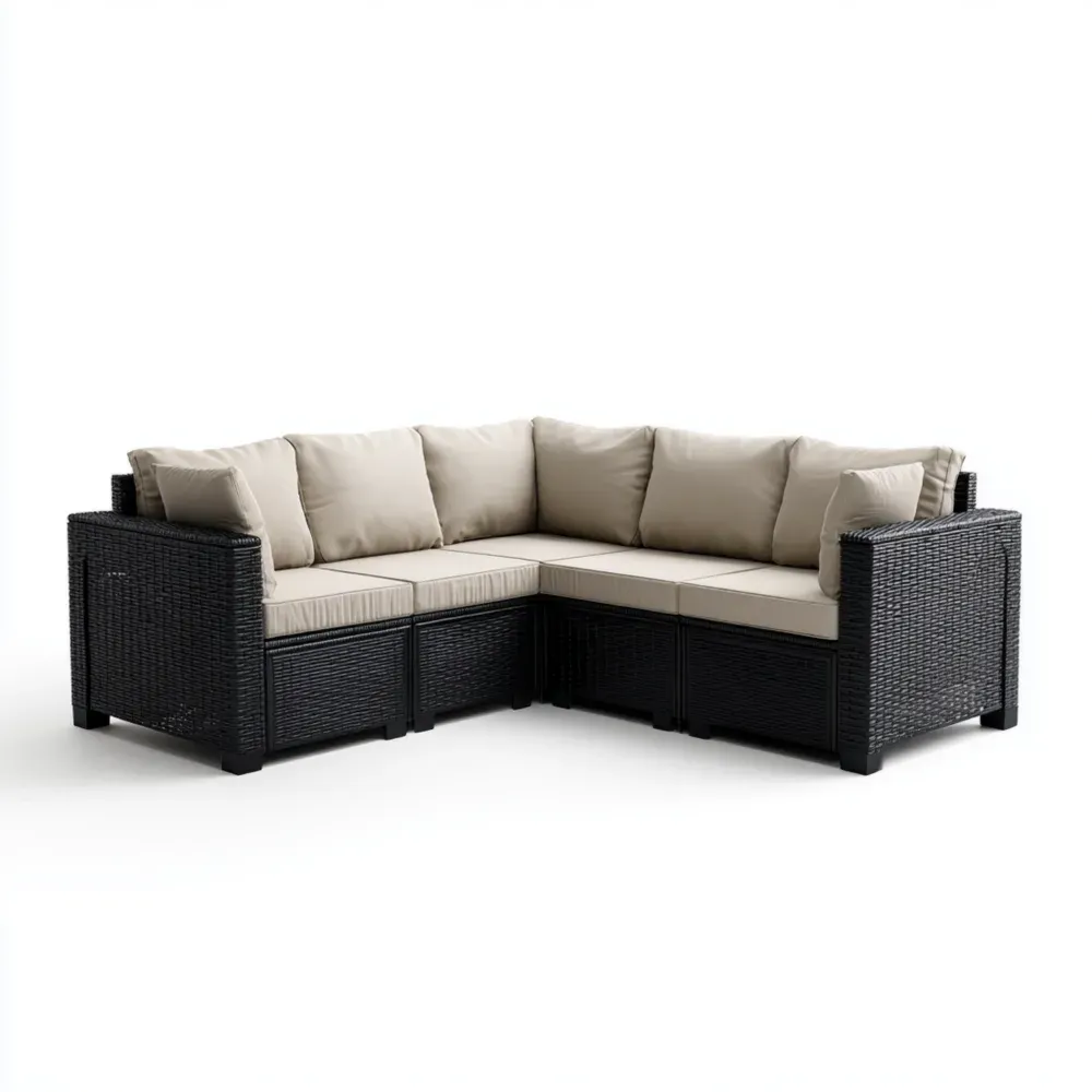 Rattan Ecksofa Set - Schwarz Beige - 210x210x66 cm