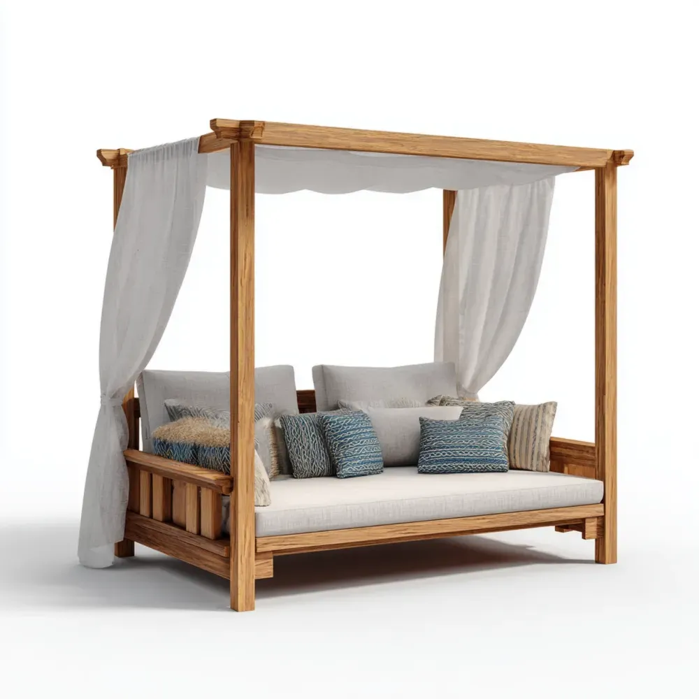 Holz Outdoor Tagesbett mit Kissen und Vorhängen