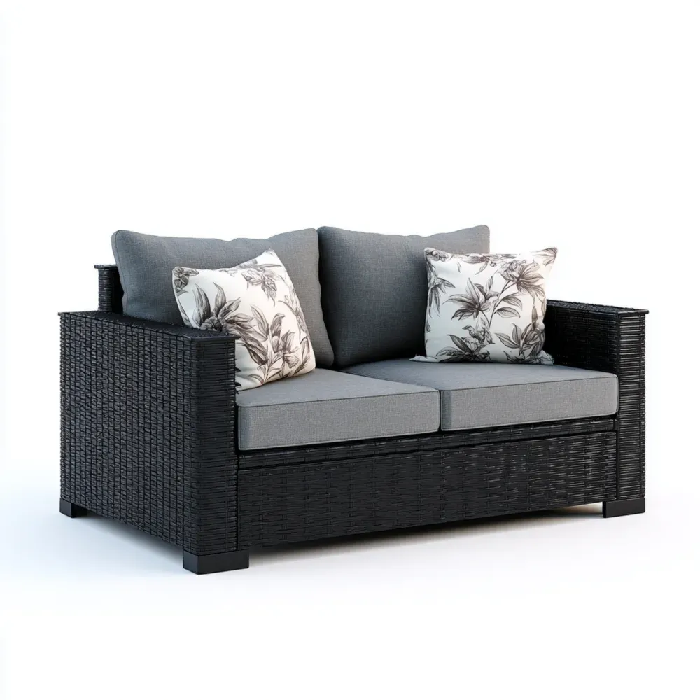 2-Sitzer Sofa aus synthetischem Rattan Schwarz mit grauen Kissen