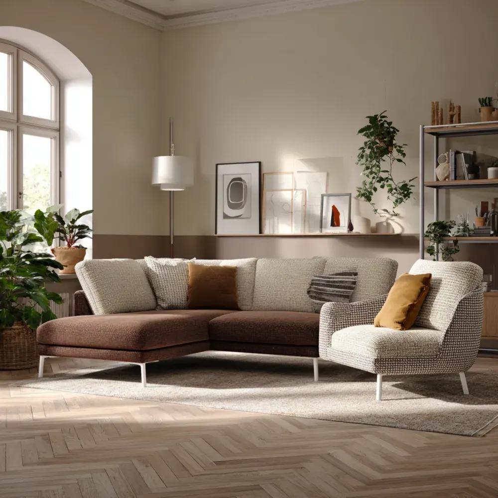 Ecksofa aus Textil mit Sessel - Creme/Braun