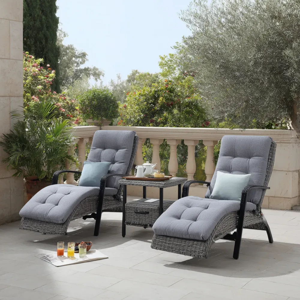 Rattan Gartenliegen Set mit Metallrahmen Grau