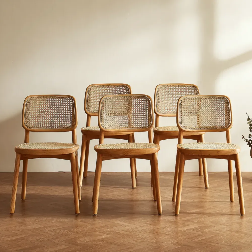 Esszimmerstuhl Set Holz Rattan Beige