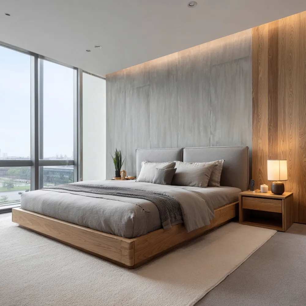 Holzbett Doppelbett 200x200 cm mit Matratze und Kissen – Hellgrau