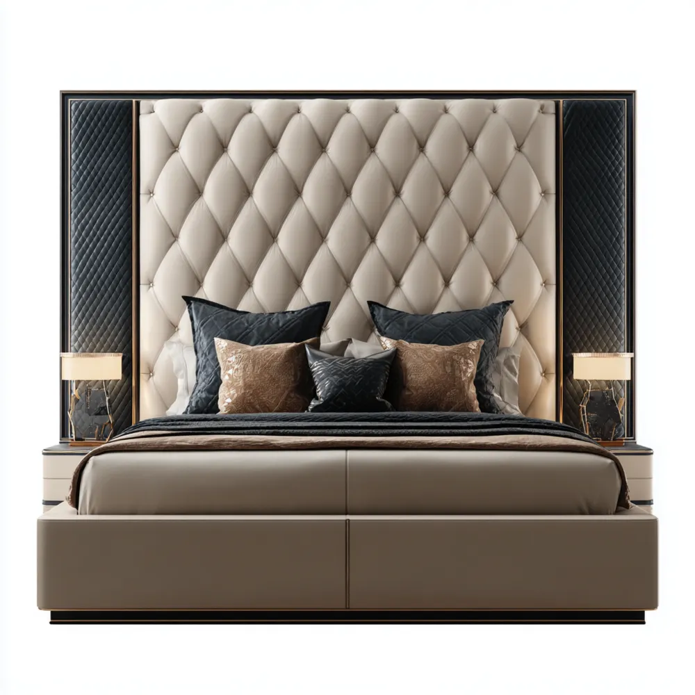 Polsterbett Leder Beige 180x200 cm mit Nachttischlampen