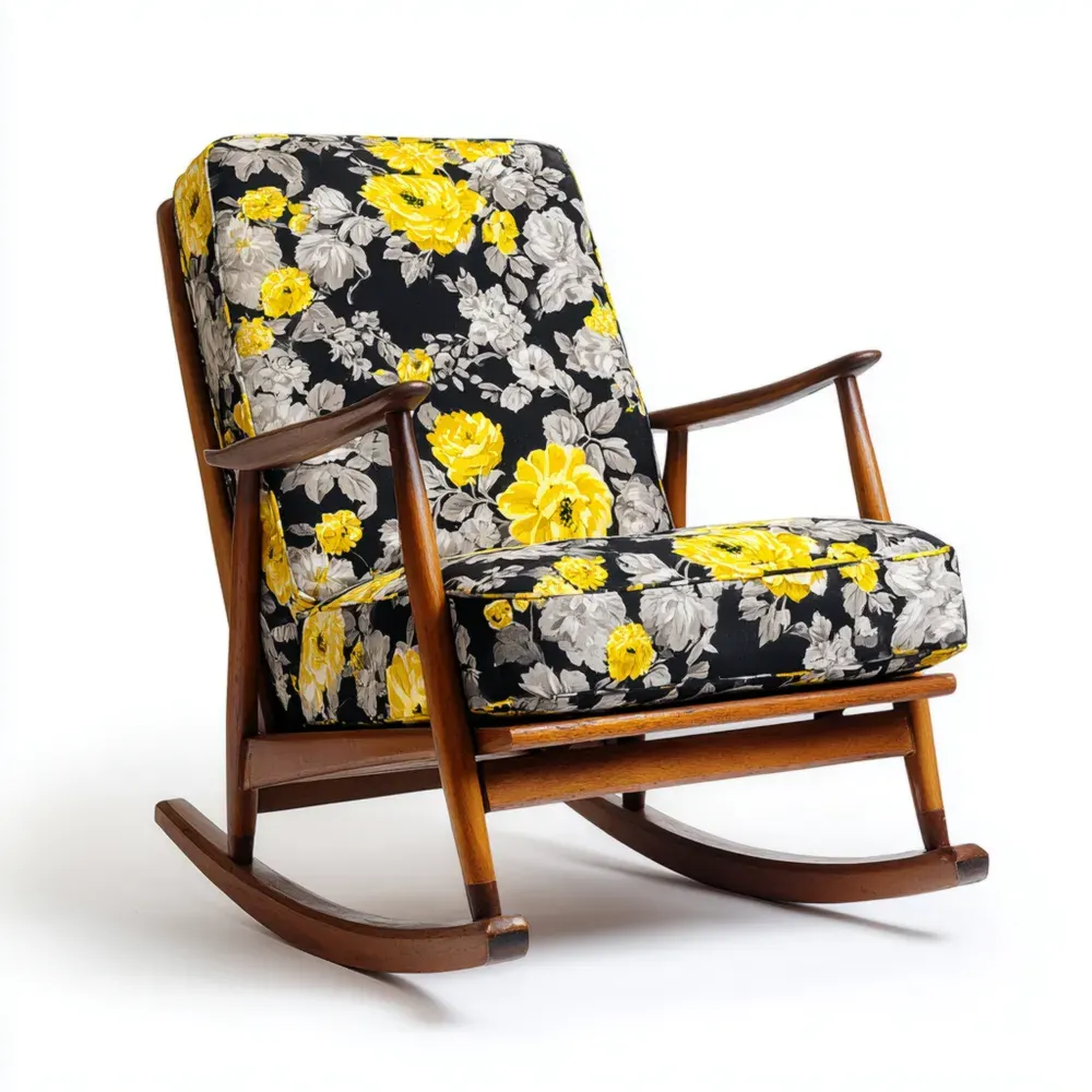 Schaukelstuhl aus Holz mit Baumwollpolster, 90x65x85 cm - Schwarz/Gelb/Blumenmuster