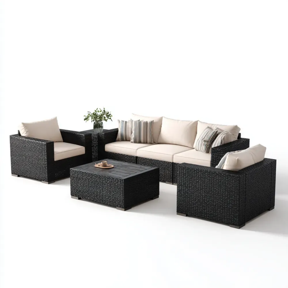 Outdoor-Sofa-Set Polyrattan Schwarz/Beige
