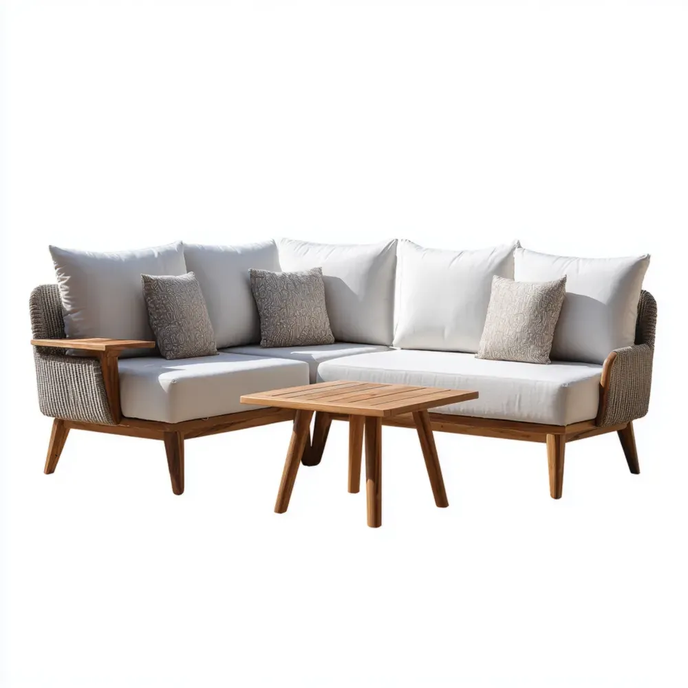 Gartensofa-Set Teakholz mit Polyesterkissen – Weiß und Beige