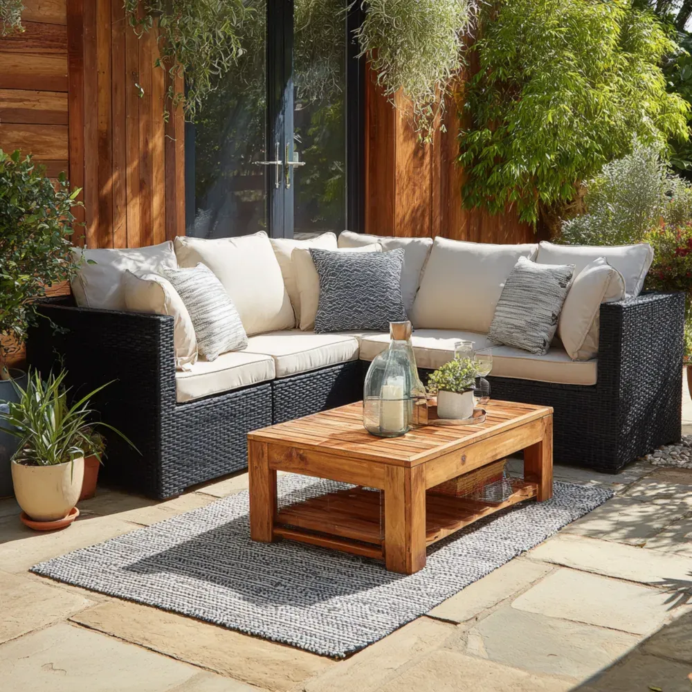 Ecksofa-Set Rattan 210x210x70 cm - Creme/Schwarz