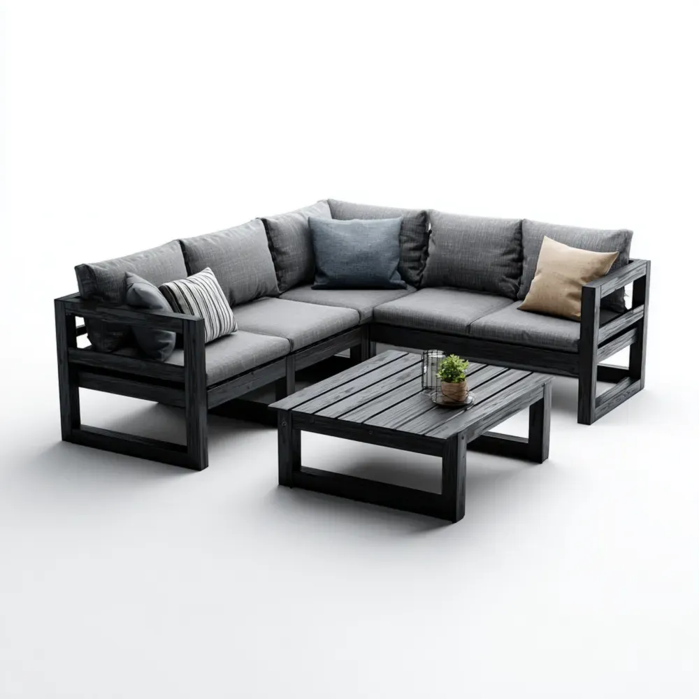 Ecksofa-Set aus Holz mit Tisch - Dunkelgrau
