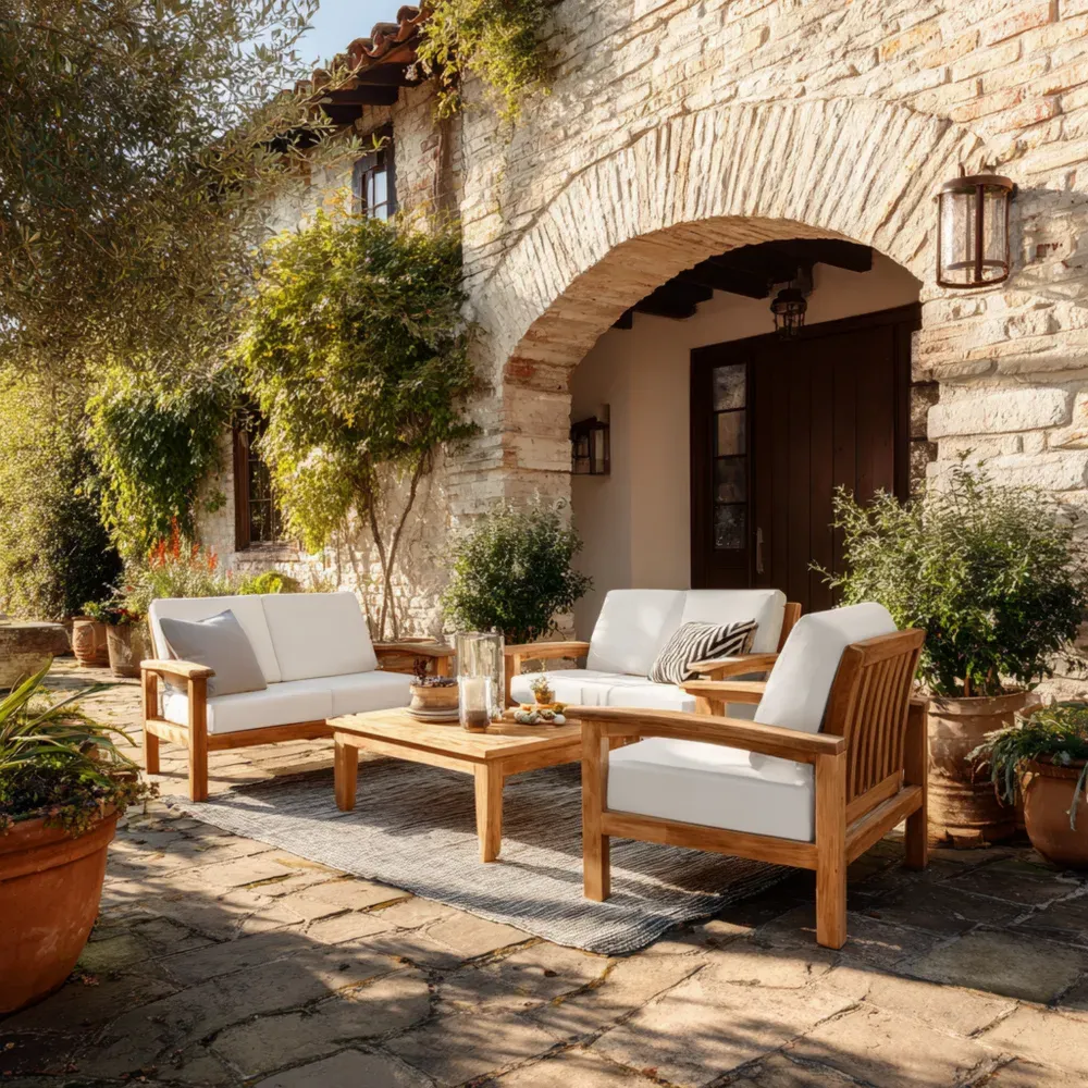 Gartenmöbel-Set aus Akazienholz und Polyester Cremeweiß