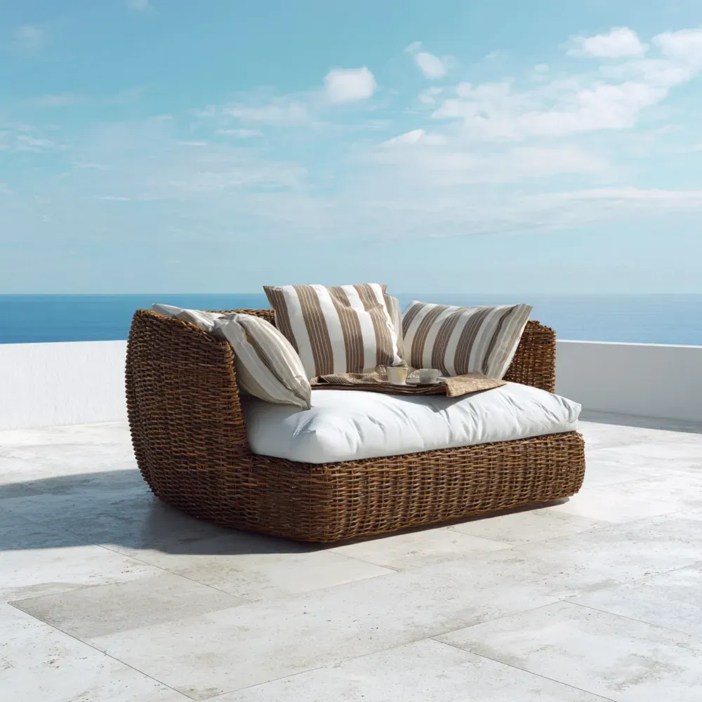 Outdoor-Sofa Rattan Natur/Weiß