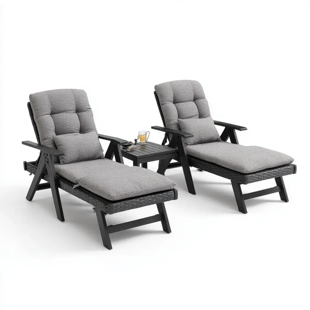 Rattan Gartenliege Set mit Beistelltisch - Dunkelgrau